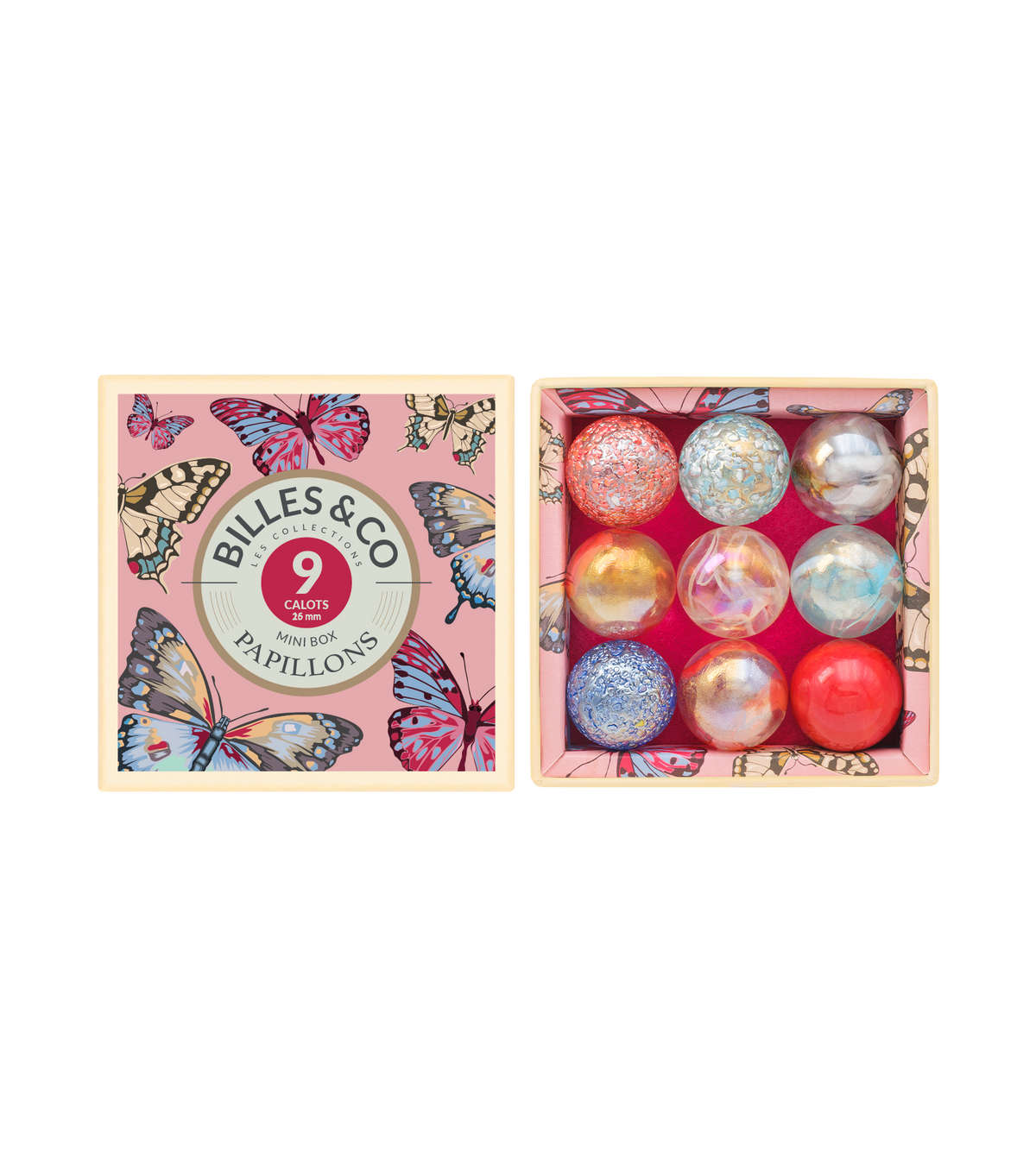 Großes Murmelset Rosa Schmetterlinge von Billes & Co. – 9 Glasmurmeln in rosa Schatulle, Nohna