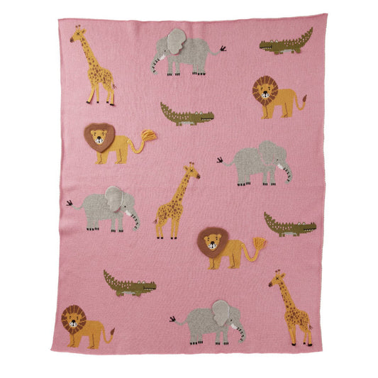 Baby Decke Tiere in Pink von RICE by RICE – gestrickt mit Savannen-Motiven, Nohna