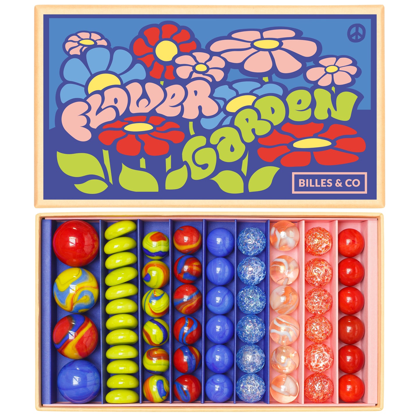 Murmelset Flower Garden von Billes & Co. mit 53 Glasmurmeln in bunten Farben – Nohna