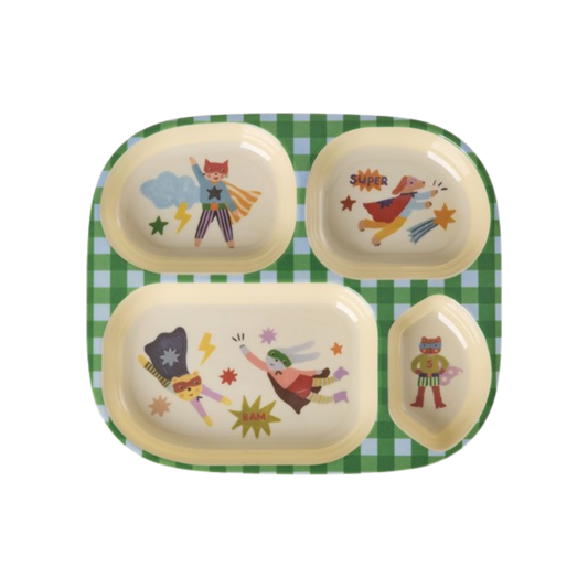 Kinder Teller Hero Print in Grün von RICE by RICE – 4 Fächer, Nohna