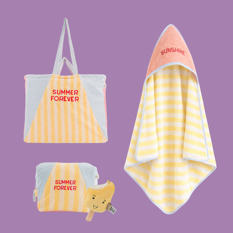 Summer Forever Set mit Strandtasche, Kulturbeutel, Baby Badetuch und Kuscheltier Eis am Stiel – Nohna
