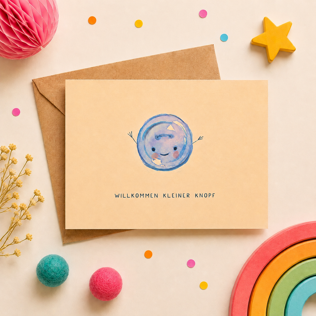 Babykarte – "Willkommen kleiner Knopf"