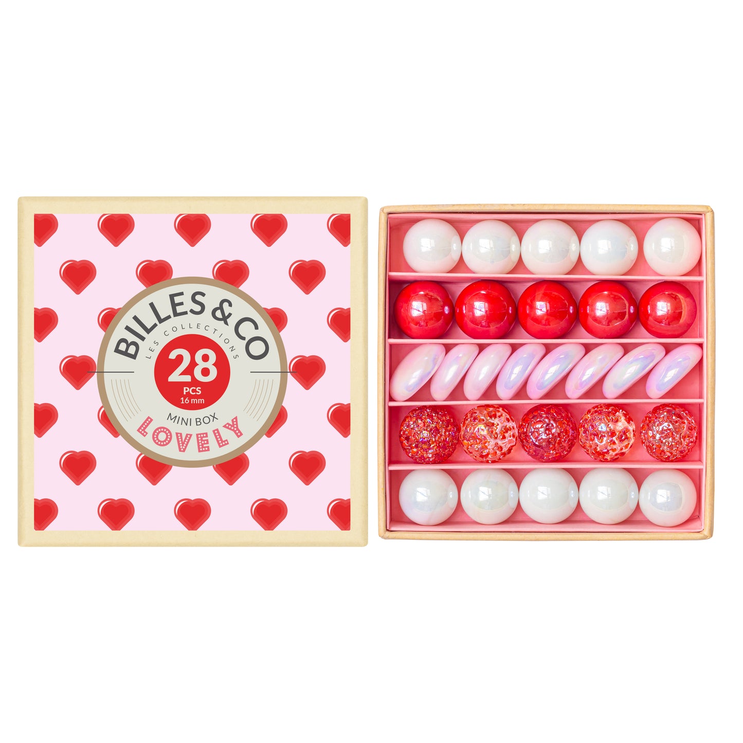 Mini Murmelset Lovely von Billes & Co. mit 29 Glasmurmeln in Rot, Rosa & Weiß – Nohna
