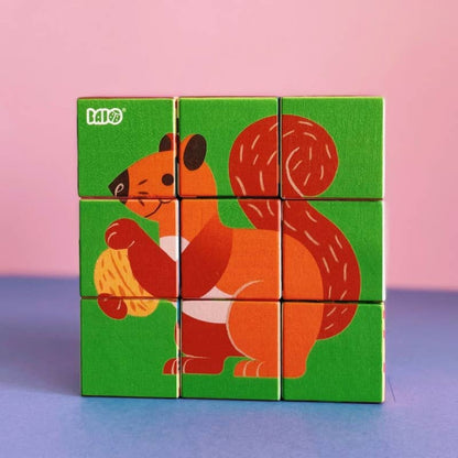 Zoo Puzzlewürfel mit 6 Tieren von Bajo – 9 Holzwürfel - Eichhörnchen - Nohna