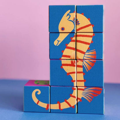 Zoo Puzzlewürfel mit 6 Tieren von Bajo – 9 Holzwürfel - Seepferdchen - Nohna
