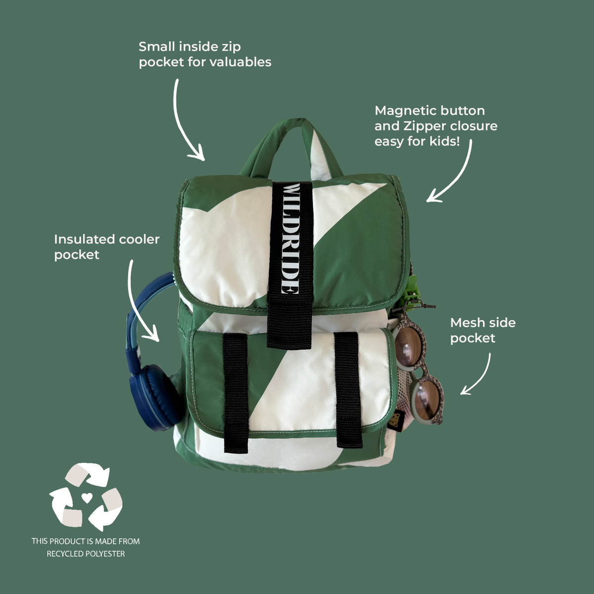 Kinder Rucksack Grafisch Grün von Wildride aus recyceltem Material – Detailansicht - Nohna