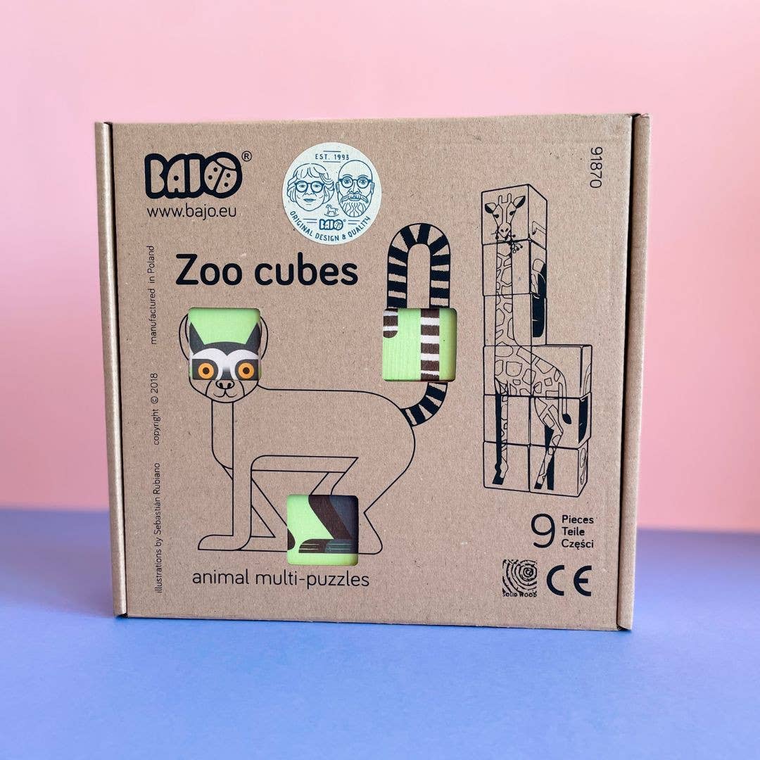 Zoo Puzzlewürfel mit 6 Tieren von Bajo – 9 Holzwürfel - Verpackung - Nohna