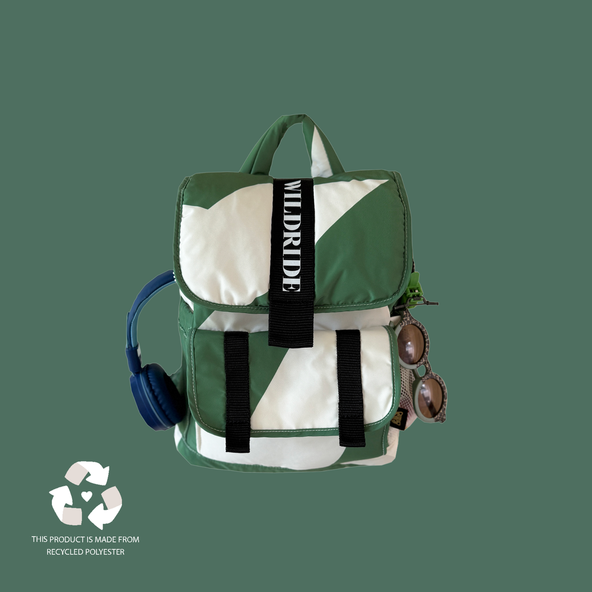 Kinder Rucksack Grafisch Grün von Wildride aus recyceltem Material – Frontansicht - Nohna