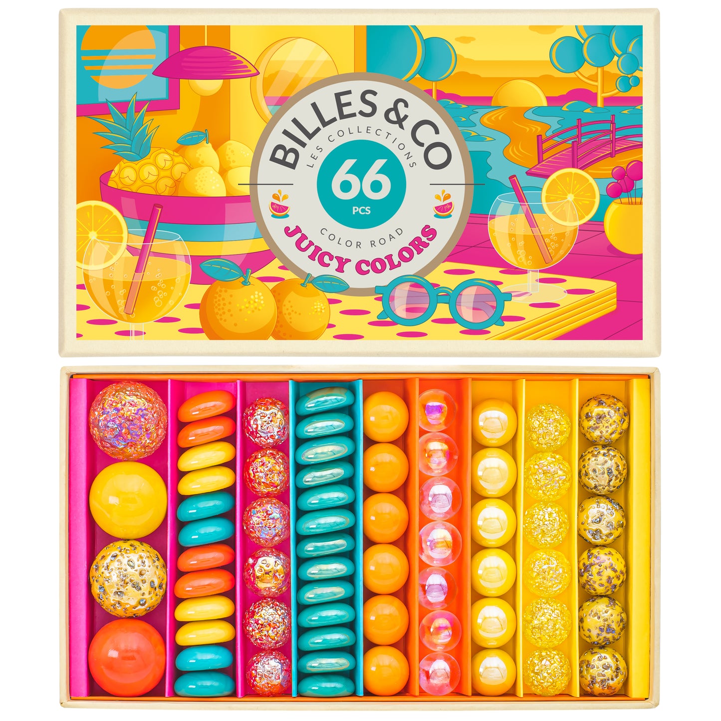 Murmelset Juicy Colors von Billes & Co. mit 66 Murmeln in sommerlichen Farben – Nohna