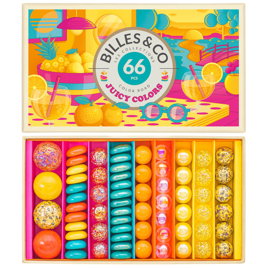 Murmelset Juicy Colors von Billes & Co. mit 66 Murmeln in sommerlichen Farben – Nohna