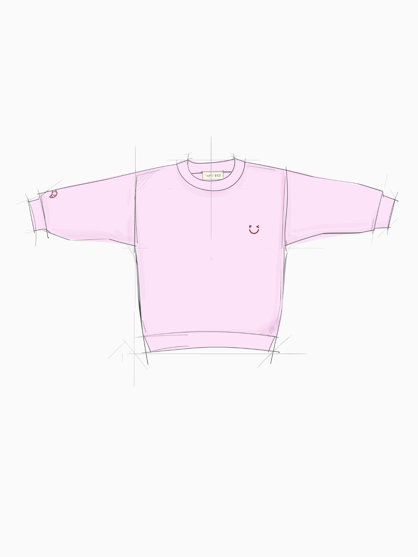 Croissant Sweatshirt Unisex in hellem Rosa mit Smiley-Print und Croissant-Stickerei am Ärmel - Grafik Frontansicht – Nohna