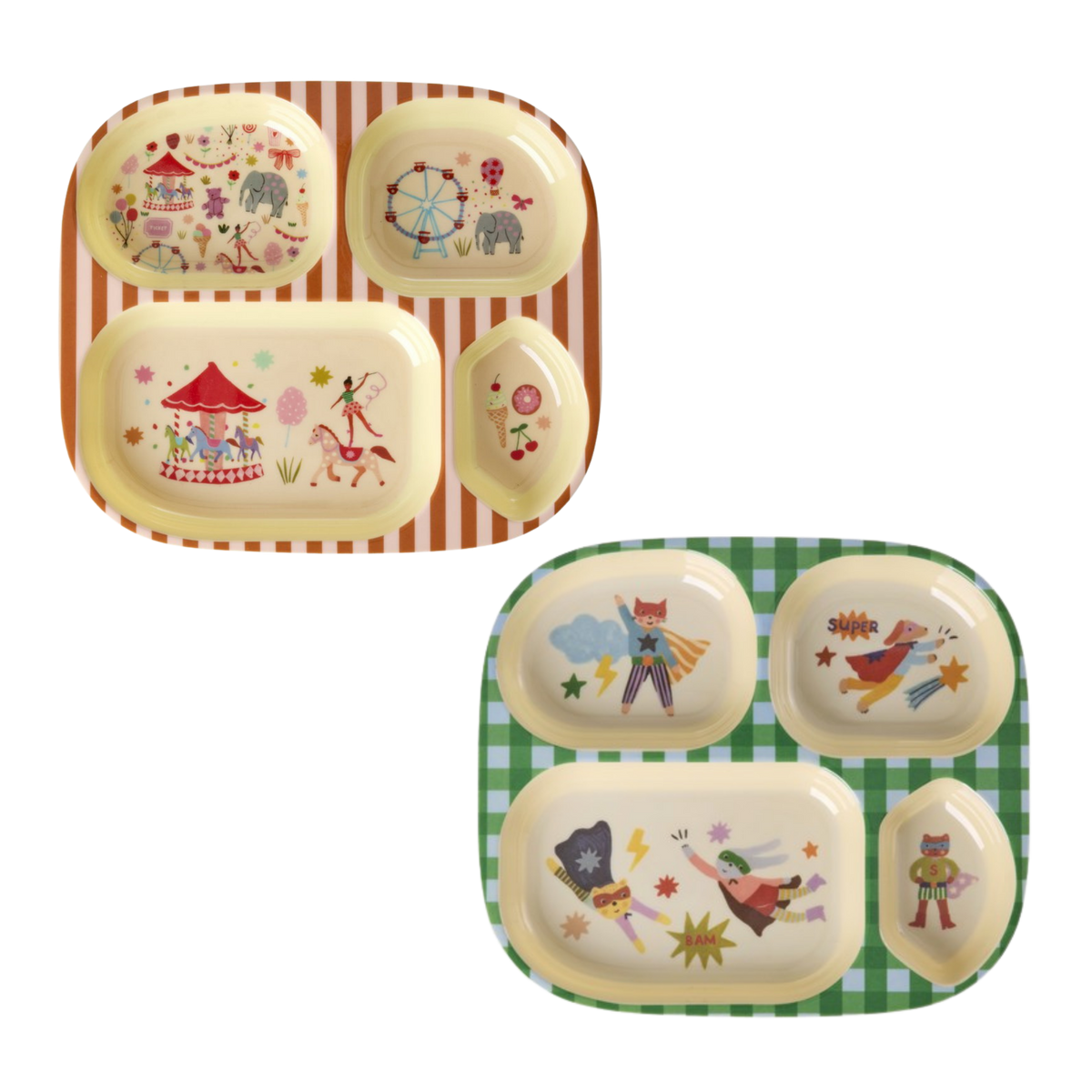 Kinder Teller Hero Print in Grün & Fun Fair Print in Pink von RICE by RICE – 4 Fächer, Nohna