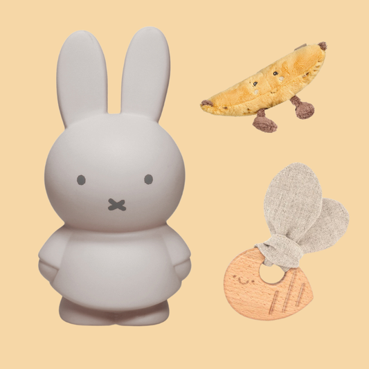 Willkommen kleines Wunder Set mit Miffy Spardose, Kuscheltier Banane und Beißring Biene – Nohna