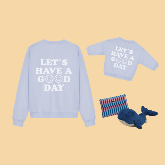 Good Day Family Set mit Good Day Sweatshirt, Kuscheltier Wal und Kartenetui – Nohna