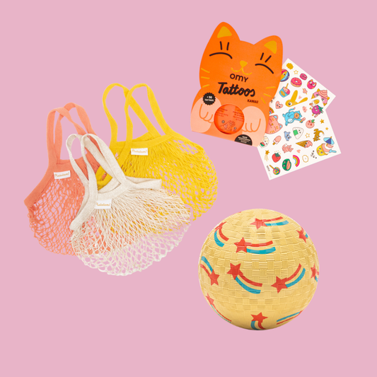 Kleines Kawaii-Set mit Temporären Tattoos OMY, Netzbeutel Ratatam und Motivball Sternschnuppe – Nohna