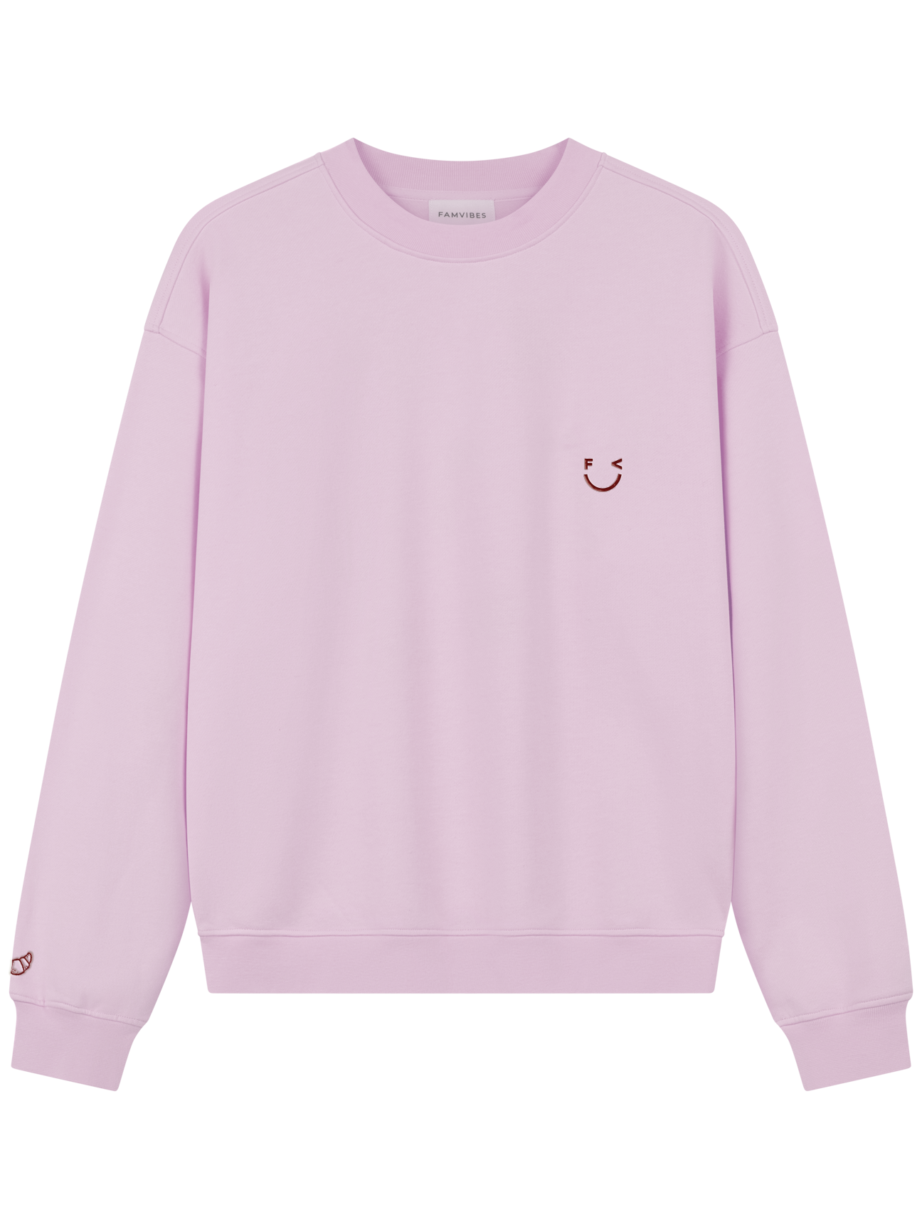 Croissant Sweatshirt Unisex in hellem Rosa mit Smiley-Print und Croissant-Stickerei am Ärmel – Frontansicht - Nohna