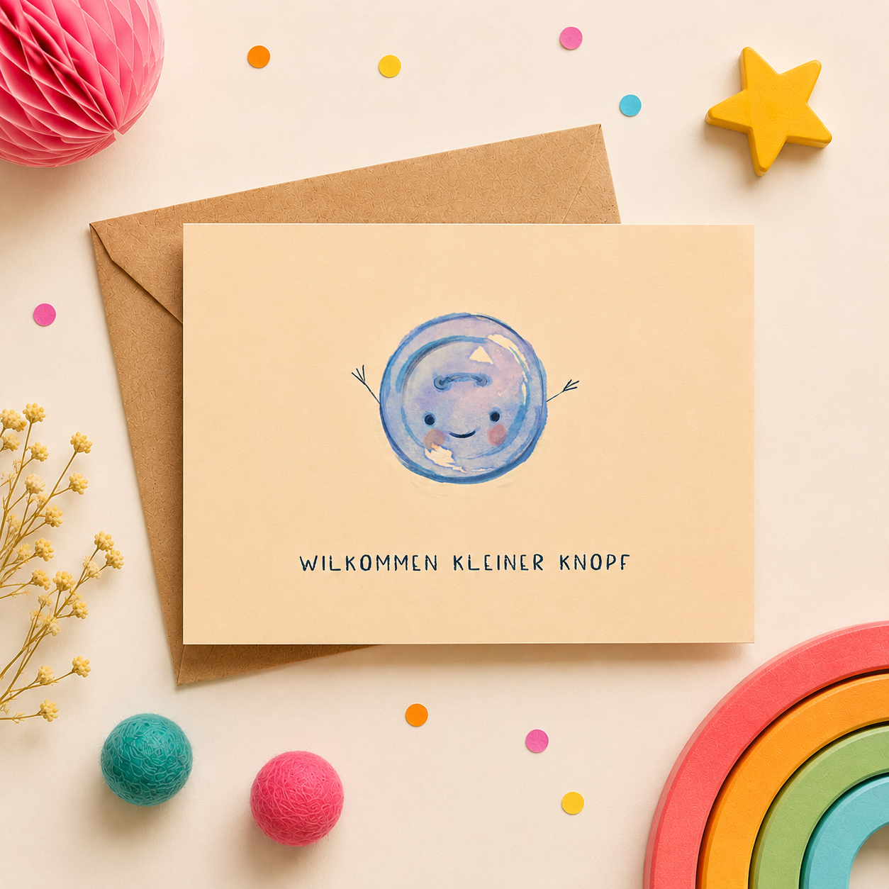 Babykarte "Willkommen kleiner Knopf" illustriert von Anna – Nohna