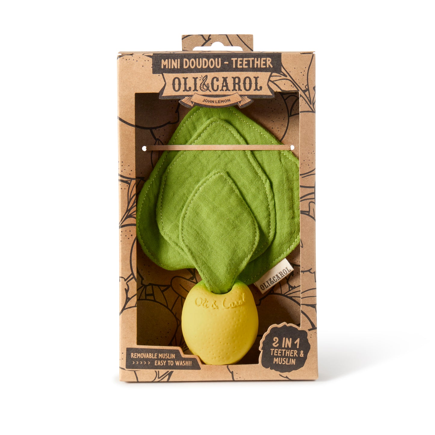 Beißring und Schmusetuch Zitrone von Oli & Carol – 2 in 1, Naturkautschuk & Bio-Musselin - Verpackung - Nohna