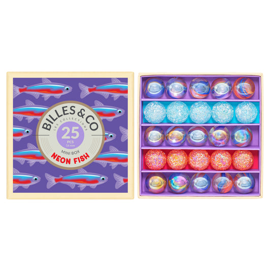 Mini Murmelset Neon Fish von Billes & Co. mit 25 Glasmurmeln in Blau, Rosa & Transparent – Nohna