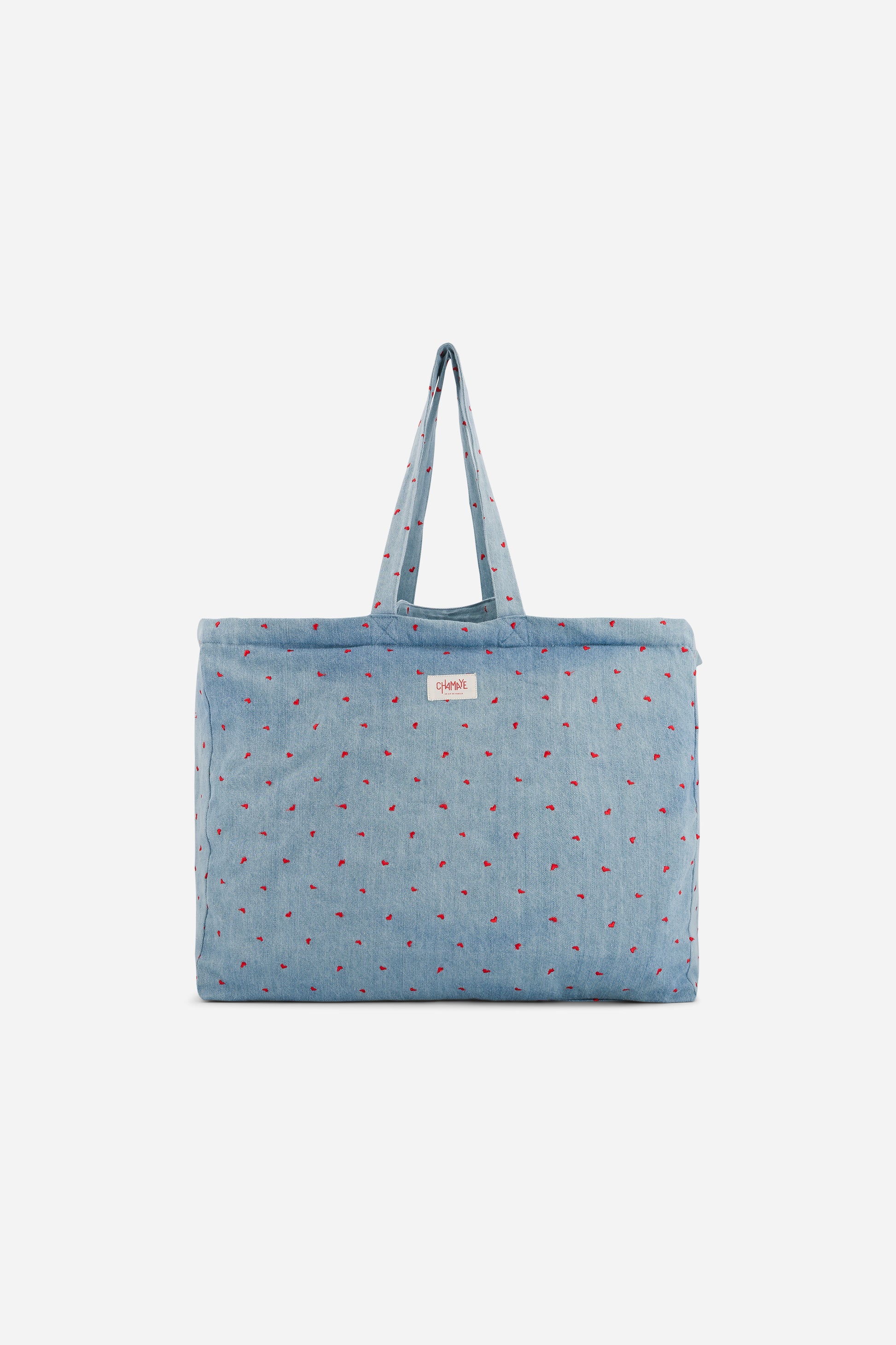 Große Tasche Boom Badaboom in Denim-Blau mit roten Herzen von Chamaye – Rückansicht - Nohna