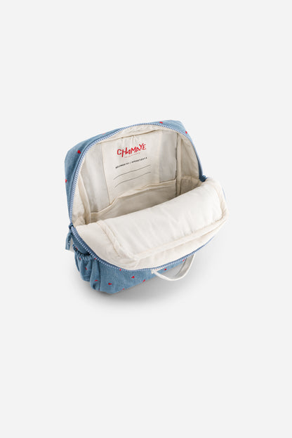 Kinderrucksack Boom Badaboom in Denim mit roten Herzen von Chamaye – Innenansicht - Nohna
