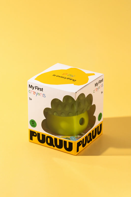 My First Crayons 12 Wachsmalstifte von puquu im Silikon-Eichel-Etui – Verpackung - Nohna