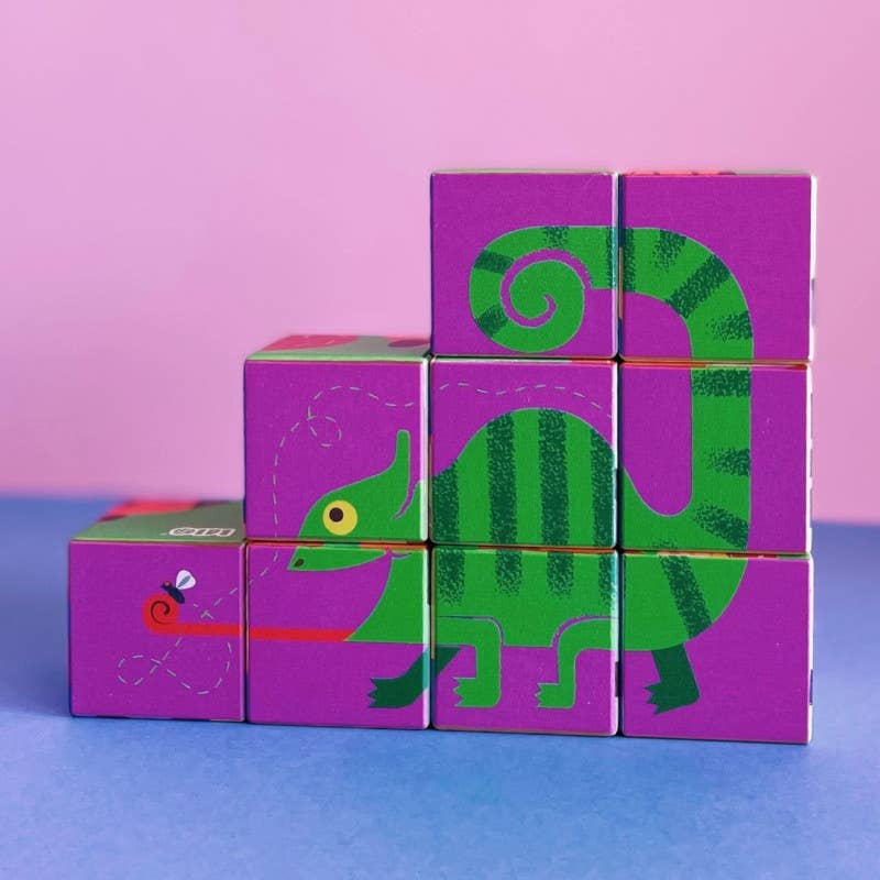 Zoo Puzzlewürfel mit 6 Tieren von Bajo – 9 Holzwürfel - Chamäleon - Nohna