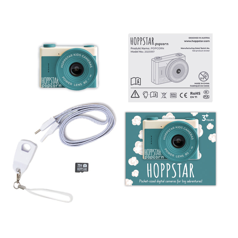 Kinderkamera Hoppstar Popcorn in Bay – 16 GB SD-Karte inklusive, Lieferumfang -Nohna